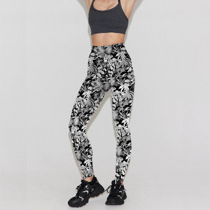 Legging Design de Padrão de Folha Tropical Branca Moderna