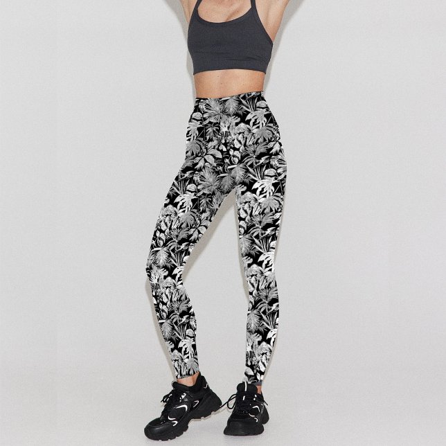 Legging Design de Padrão de Folha Tropical Branca Moderna (Modern leggings design with tropical leaf pattern in black and white, unique design for active lady )