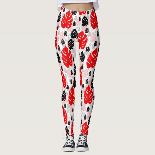 Legging Design de Padrão de Ilustração de Folha Preta Verm (Frente)