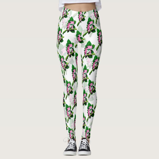 Legging Design de padrão de sapo rosa em folha verde (Frente)