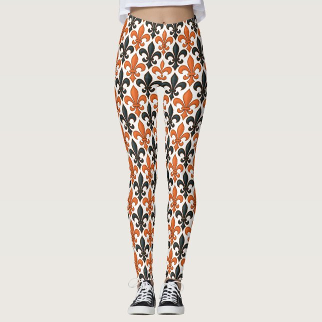 Legging Design de Padrão do Barroco Negro Laranja Fleur-de (Frente)