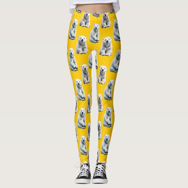 Legging Design de Padrão do Urso Polar em Amarelo (Frente)