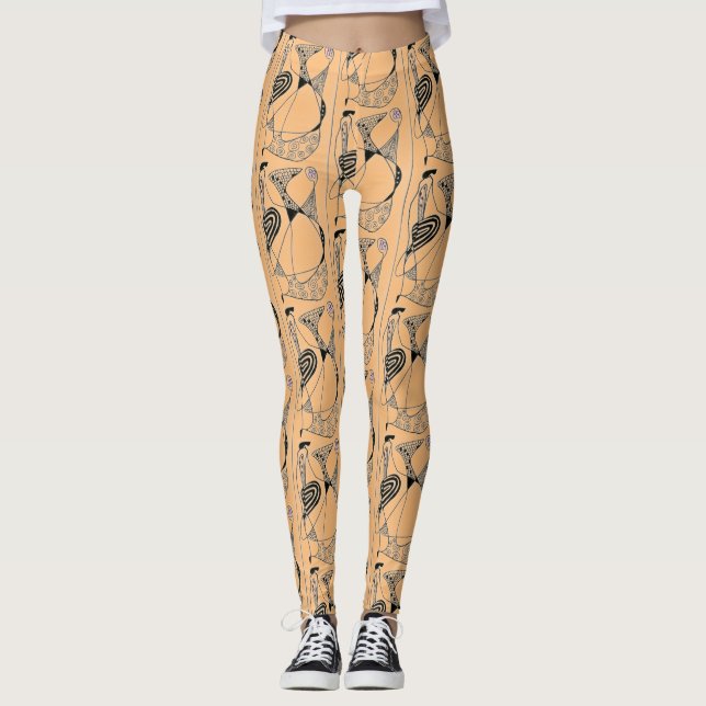 Legging design de pássaro abstrato em linha preta com flor (Frente)