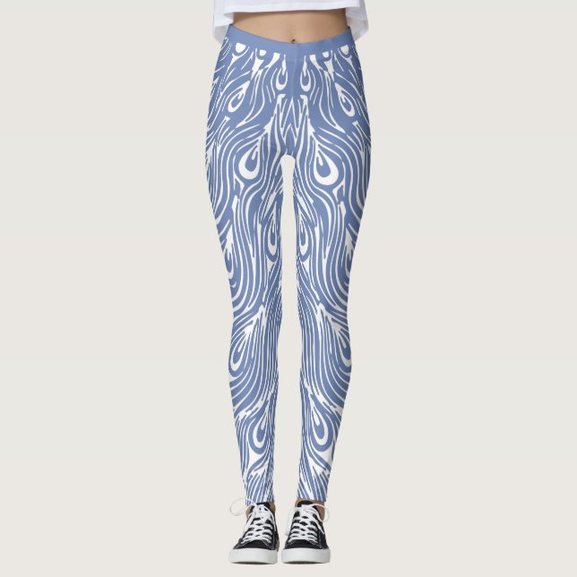 Legging Design de Pavão Azul e Branco (Frente)
