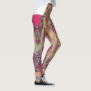 Legging design de um padrão paisley rosa e castanho