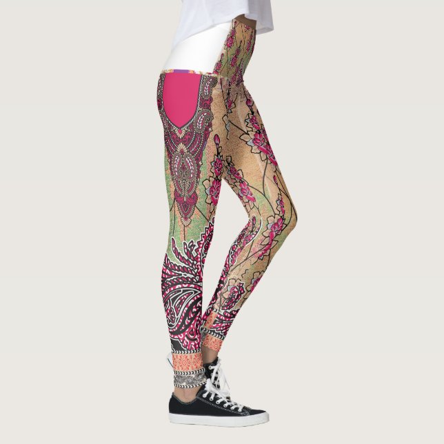 Legging design de um padrão paisley rosa e castanho (Direita)