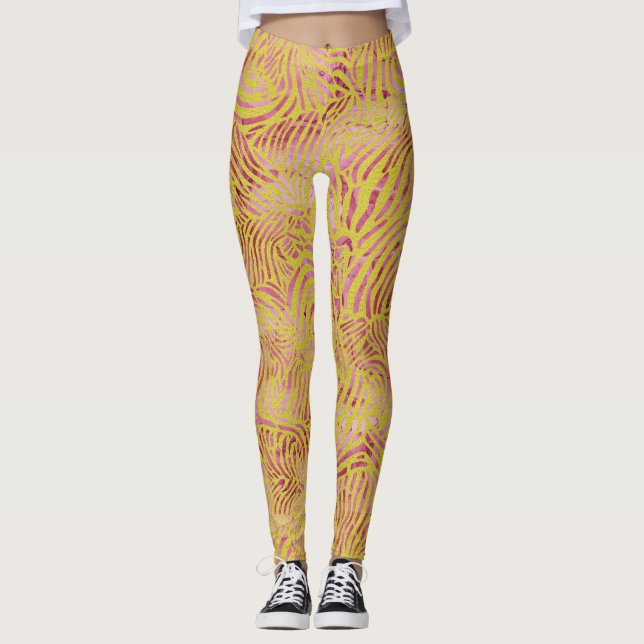 Legging Design de zebra rosa-rosa elegante e Dourada (Frente)