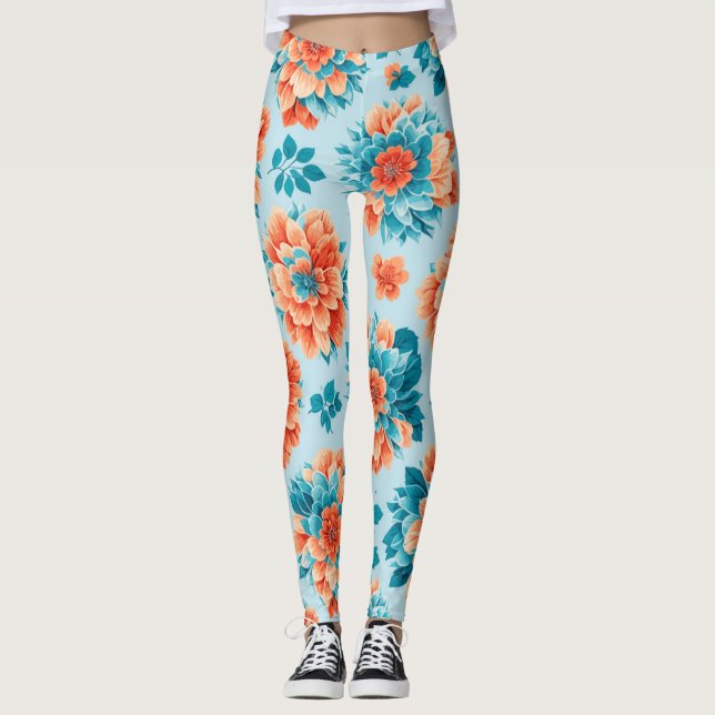 Legging Design Floral Azul e Laranja Encantador: Delicado (Frente)