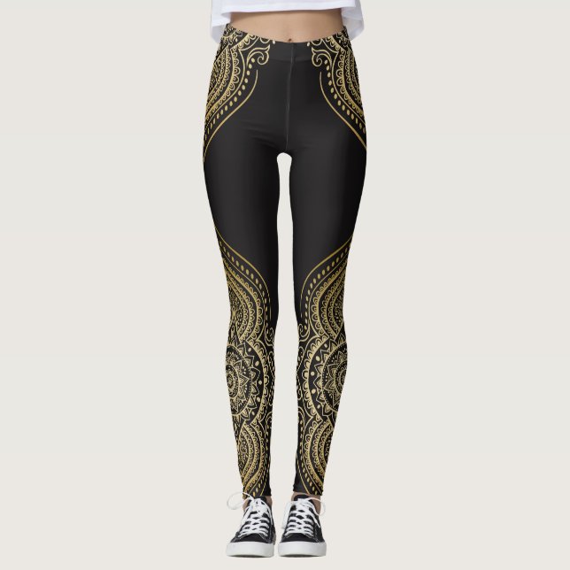 Legging Design Floral de Mandala, Ornamentado Dourado (Frente)