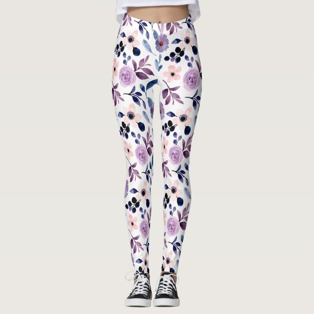 Legging Design Floral Delicado com Folhas de Lavanda Azul  (Frente)