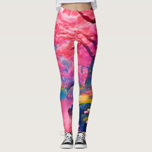 Legging Design Floresta de Flor de Cerejeira Rosa