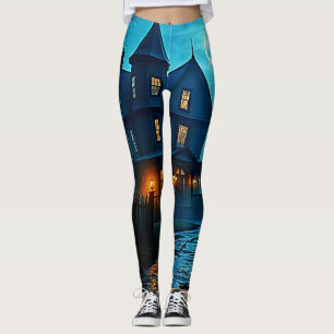 Legging Design Mansão Assombrada sob Luz de Lua Azul