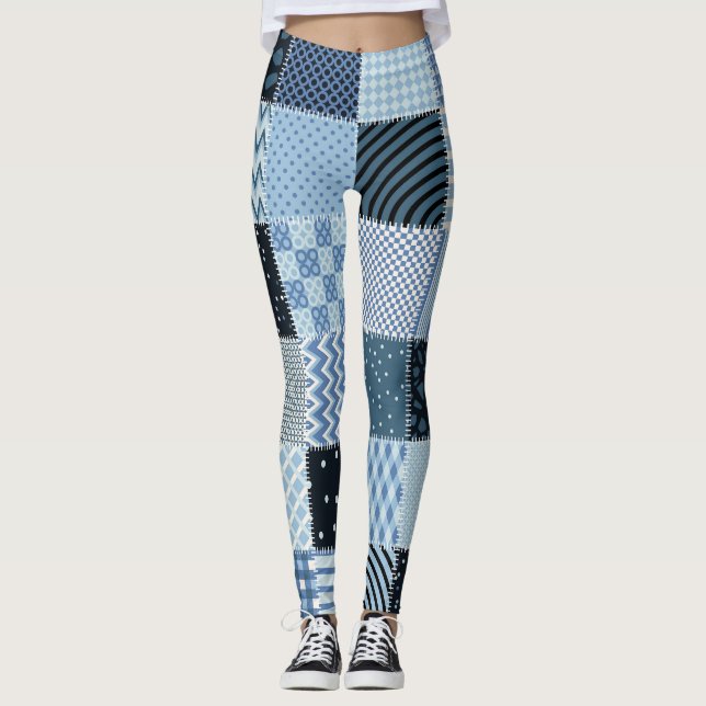 Legging Design, retalhos geométricos, tons azuis. (Frente)
