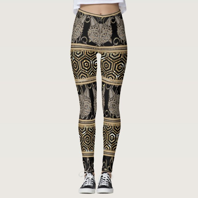 Legging Design tribal boémio egípcio do gato & do ouro (Frente)