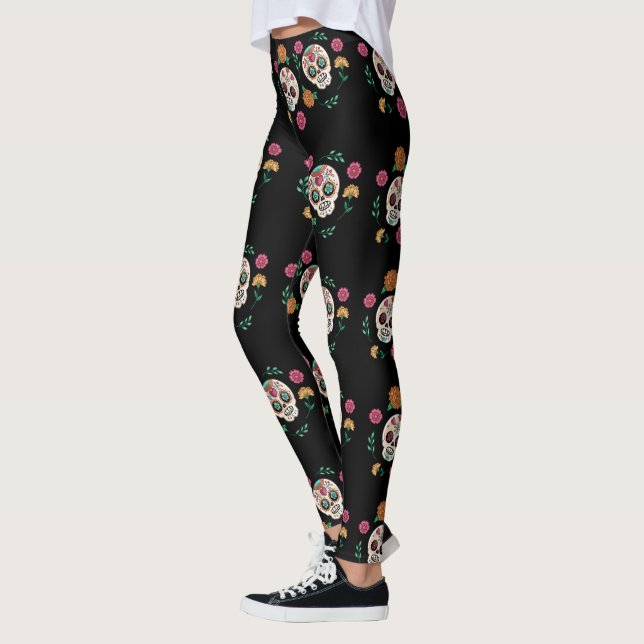Legging Dia das Cascas de Açúcar Mortas e Flores Negra (Esquerda)