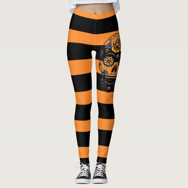 Legging Dia De Los Muertos Orange Black And Sugar Skull (Frente)