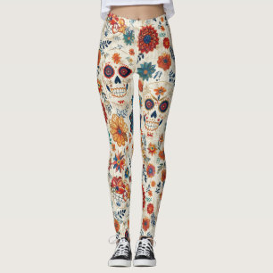 Legging Dia de Retrato Floral do Crânio Colorido dos Morto