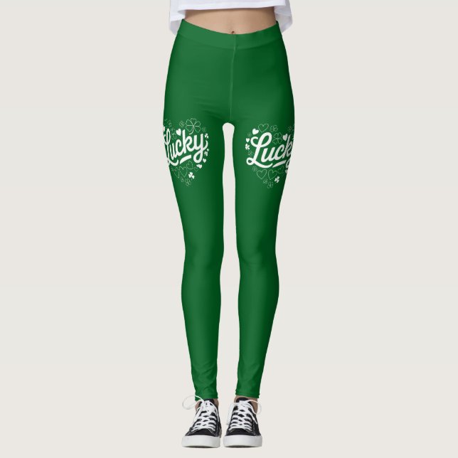Legging Dia de São Patrício Heart Lucky Clover Shamrock (Frente)