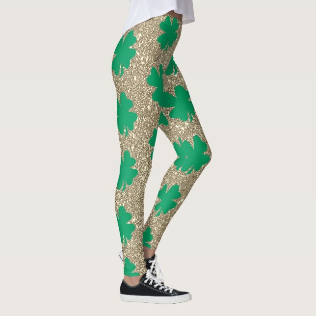 Legging Dia de São Patrício Verde Shamrock Folha Dourada B (Direita)