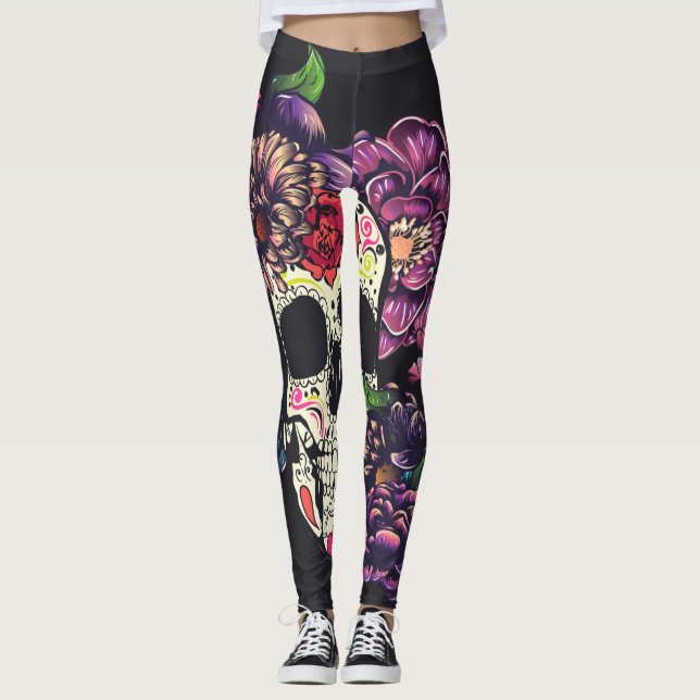 Legging Dia do crânio morto com flores (Frente)
