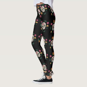 Legging Dia dos Mortos Crânios de Açúcar e Flores Preto