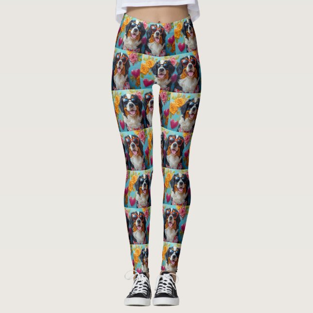 Legging Dia dos Namorados Rosas Bernese Mountain Com Coraç (Frente)