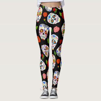 Legging Dia Los Muertos: padrão de crânios de açúcar.