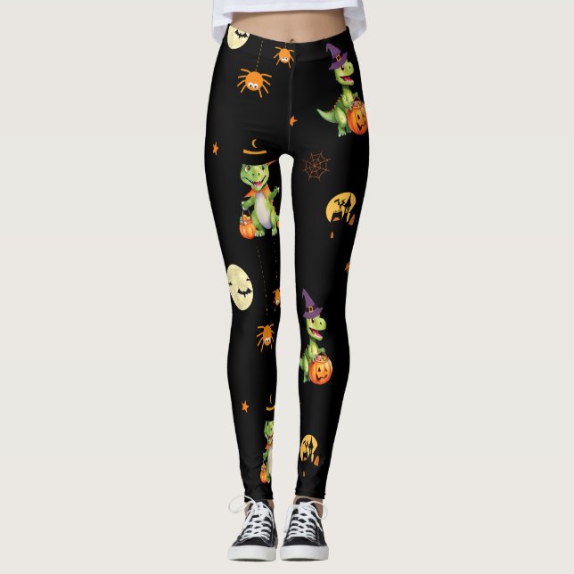 Legging Dinossauro bonito joga truque de abóbora para trat (Frente)