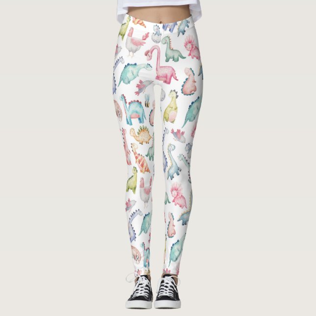 Legging Dinossauros lindos, padrão de aquarela infantil. (Frente)