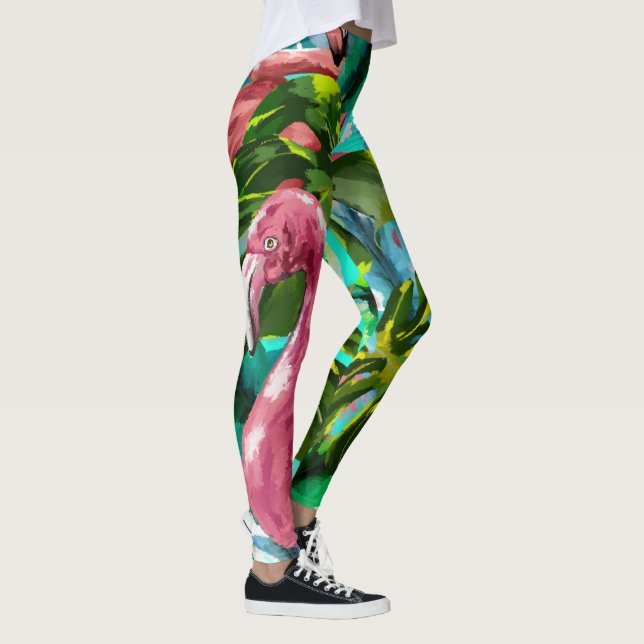 Legging Diversão da Palma Verde Tropical Flamingos Rosa Ro (Direita)