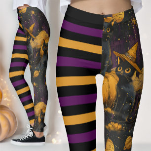 Legging Diversão de Halloween Bruxa Gato Abóbora Listrada 