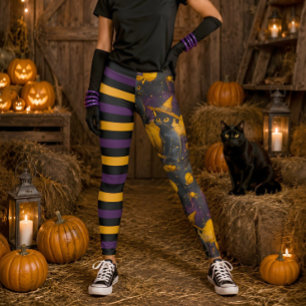 Legging Diversão de Halloween Bruxa Gato Abóbora Listrada