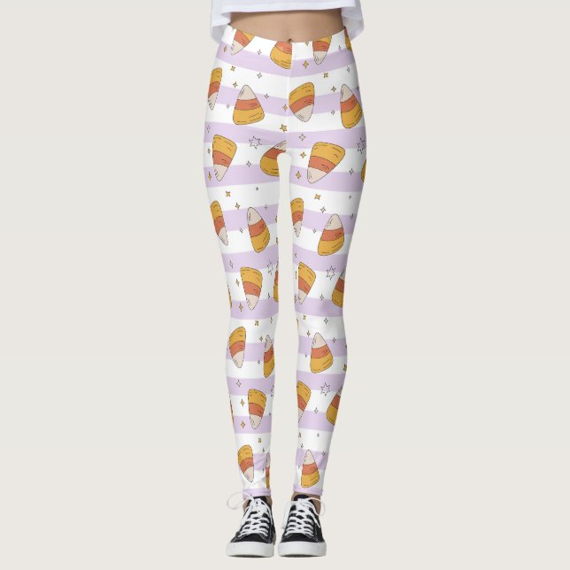 Legging Doce Milho de Candy e Estrelas Padrão de Halloween (Frente)