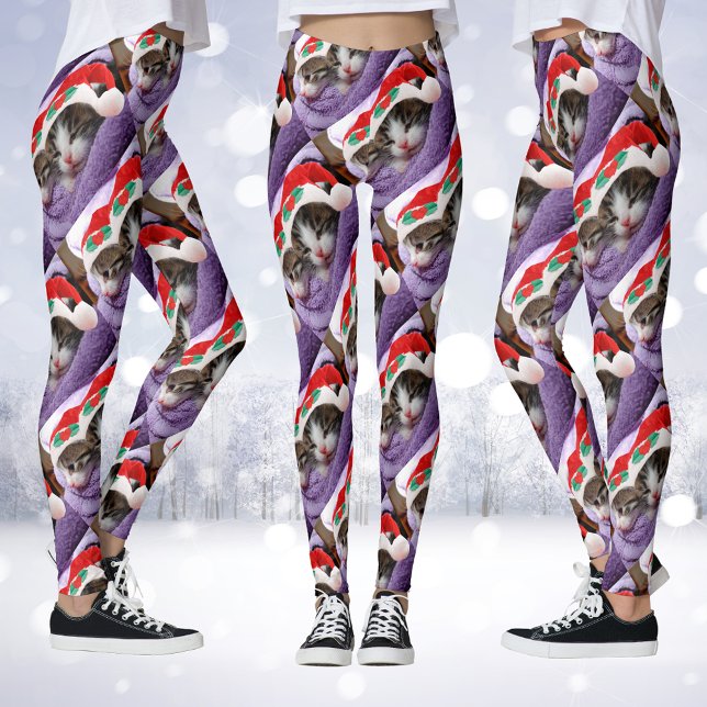 Legging Dois Gatinhos em Santa Hats. Pernas de Natal Feliz (Two Kittens in Santa Hats Merry Christmas Leggings)