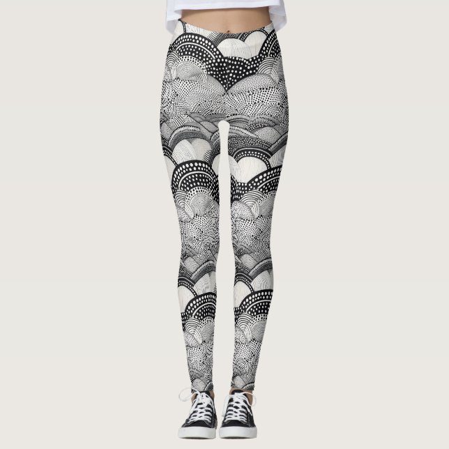 Legging Doodle Geométrico Preto e Branco Abstrato (9) (Frente)
