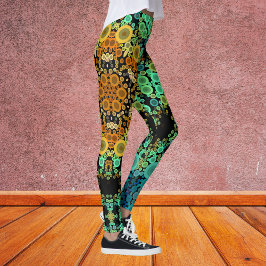Legging Dot Mandala Flor Laranja Verde e Azul
