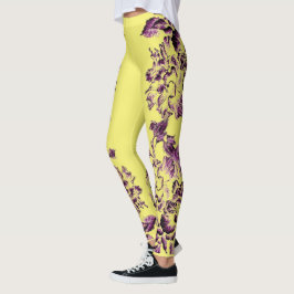 Legging Double Hibiscus Purple on Yellow 