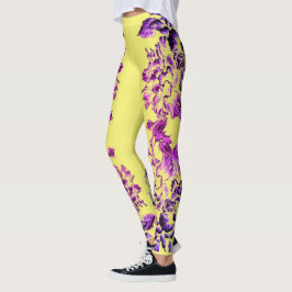 Legging Double Hibiscus Purple on Yellow Varied
