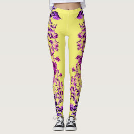 Legging Double Hibiscus Purple on Yellow Varied