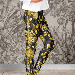 Legging Dourada Corrente De Preto Floral Sobre Damasco Pre