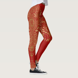 Legging Dourada e vermelha paisley mandala