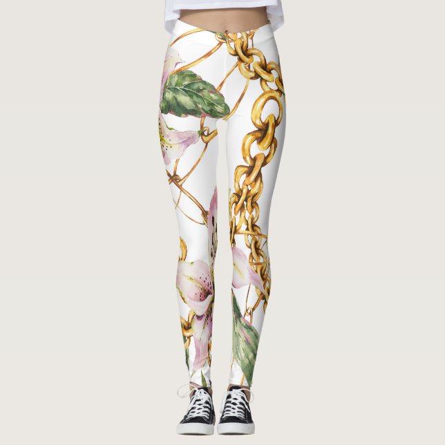 Legging Douradas Cadeias e Lírios Reais: Elegância Aquarel (Frente)