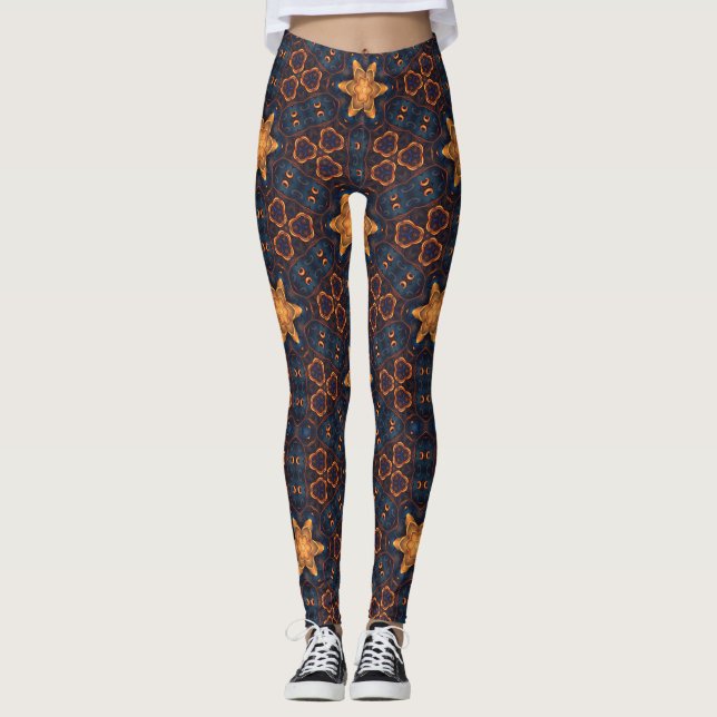 Legging Douradas estrelas com fundo azul (Frente)