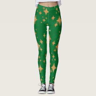 Legging Douradas estrelas de Natal retrógradas em verde