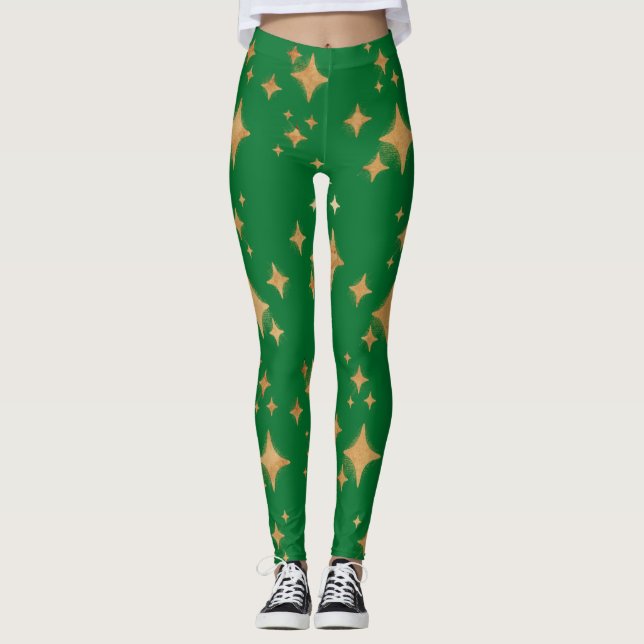 Legging Douradas estrelas de Natal retrógradas em verde (Frente)