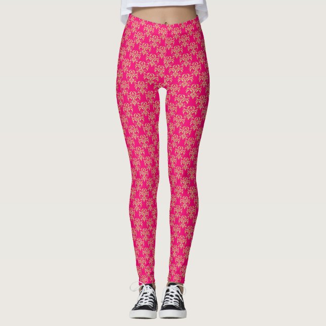 Legging Dourado Damasco nas Pernas Rosa - Calças de ioga P (Frente)