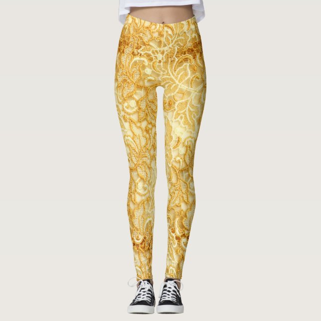 Legging Dourado detalhe do tecido de rendas, pano. (Frente)