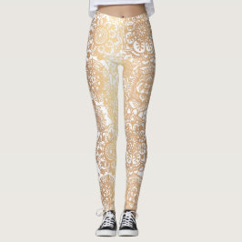 Legging Dourado e branco Boho Mandala Padrão Yoga