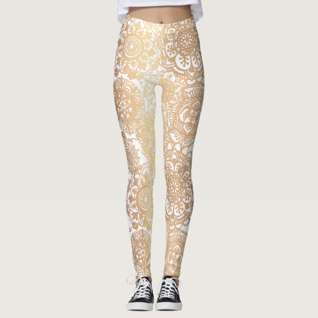 Legging Dourado e branco Boho Mandala Padrão Yoga (Frente)
