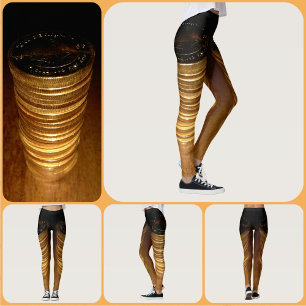 Legging Dourado e Preto Moedas de Ouro Empilhadas Glamour